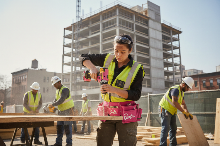 Woman in hi-vis using a pink DeWalt drill on an active construction site