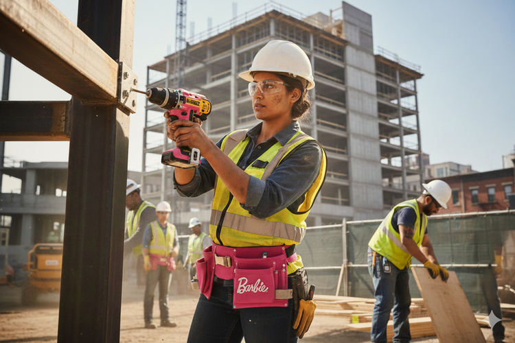 Woman on a construction site drilling into a wooden beam, wearing a Barbie tool belt