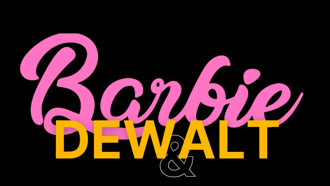 Barbie and DeWalt logo lockup in pink and yellow on black