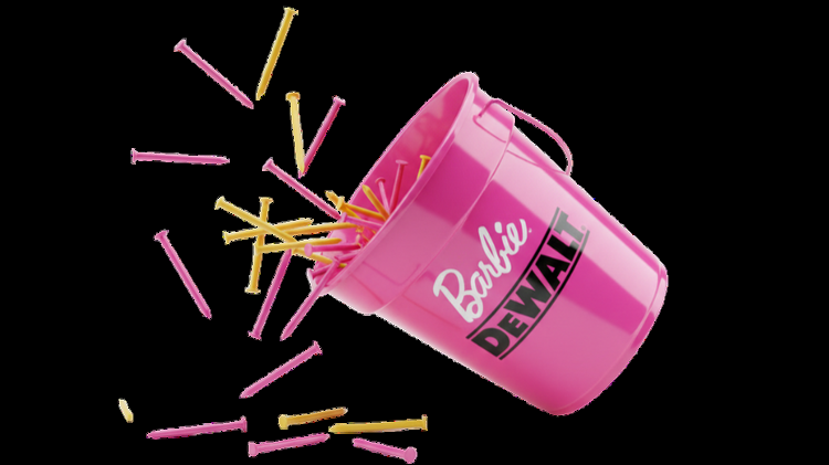 Pink Barbie x DeWalt bucket spilling pink and yellow nails