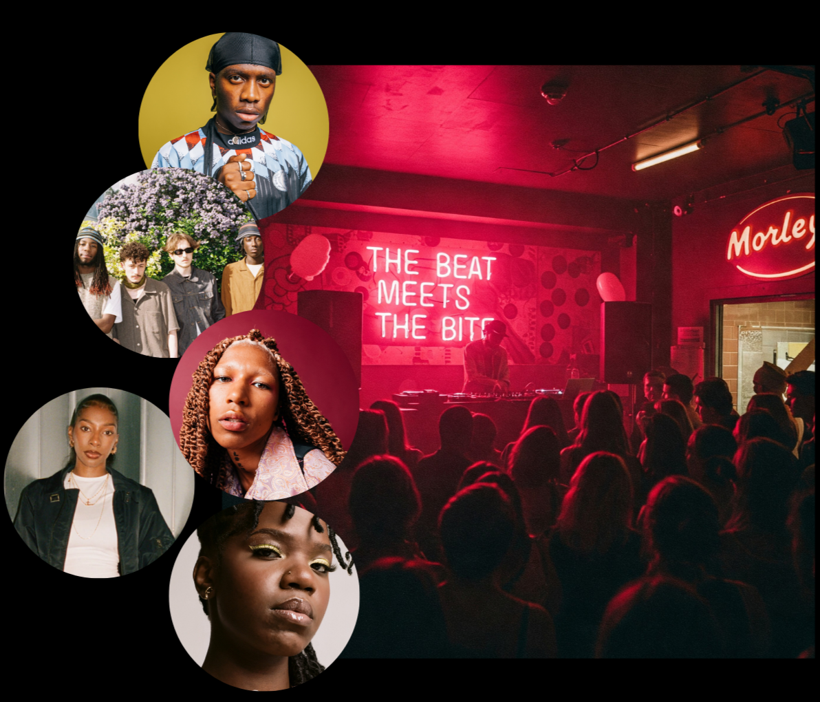 Intimate Morley's venue lit in red for a surprise concert, with circular artist portraits overlaid