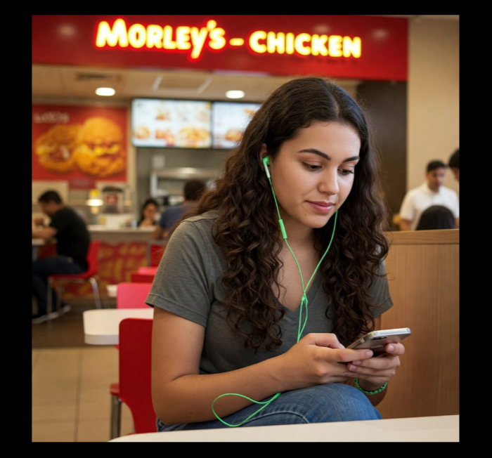 Customer wearing green earbuds sitting in a Morley's restaurant
