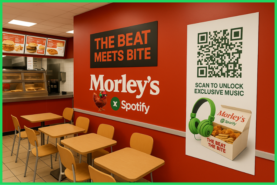 Morley's restaurant interior redesigned with The Beat Meets Bite branding and a scan-to-unlock QR poster