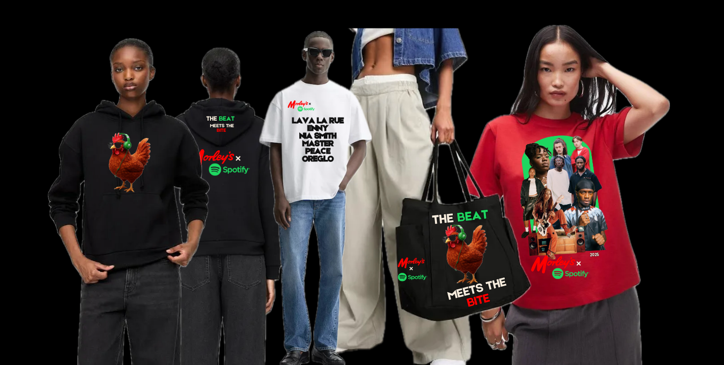 Models wearing Morley's x Spotify branded hoodies, t-shirts and tote bags