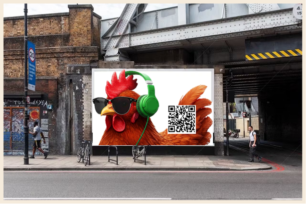 Street lamp post advert featuring the chicken mascot and QR code