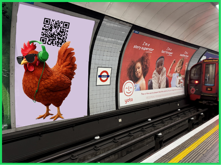 London Underground platform advert featuring the chicken mascot and QR code