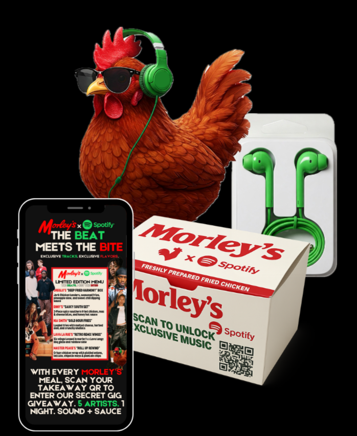 Limited edition Morley's x Spotify takeaway box with QR code and green earbuds