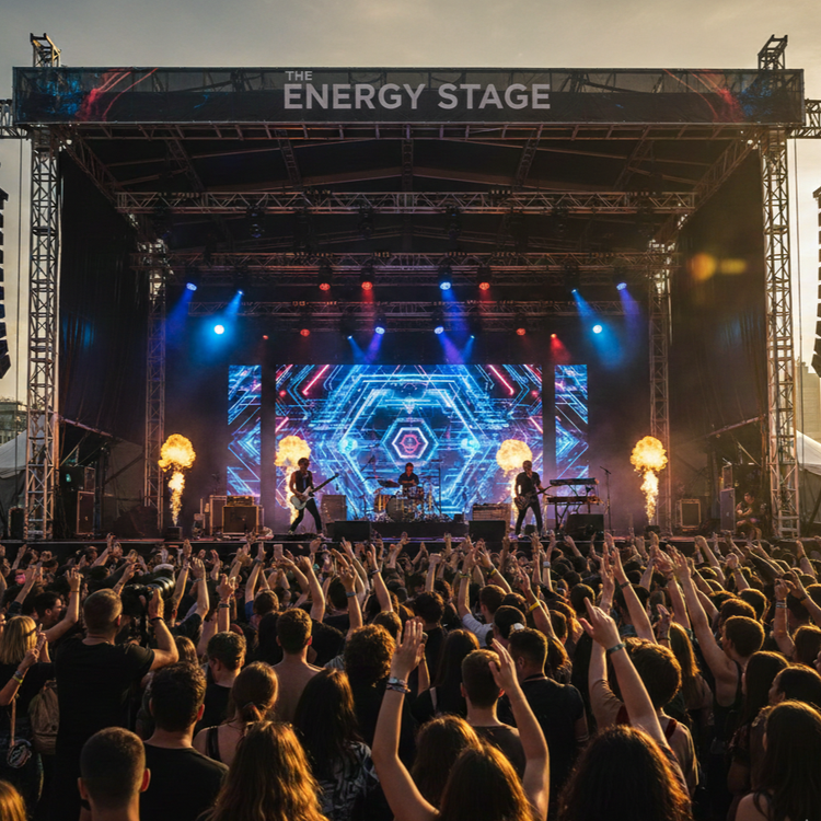Crowd with hands raised at a music festival main stage