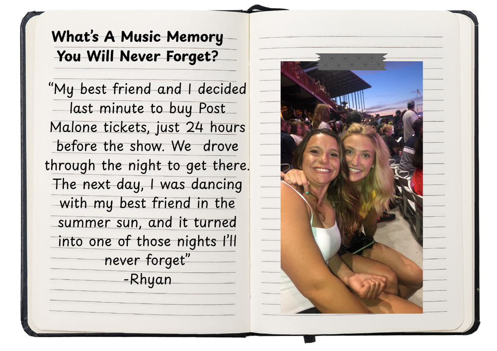 Open journal page asking 'What's A Music Memory You Will Never Forget?' next to a photo of two friends at a concert