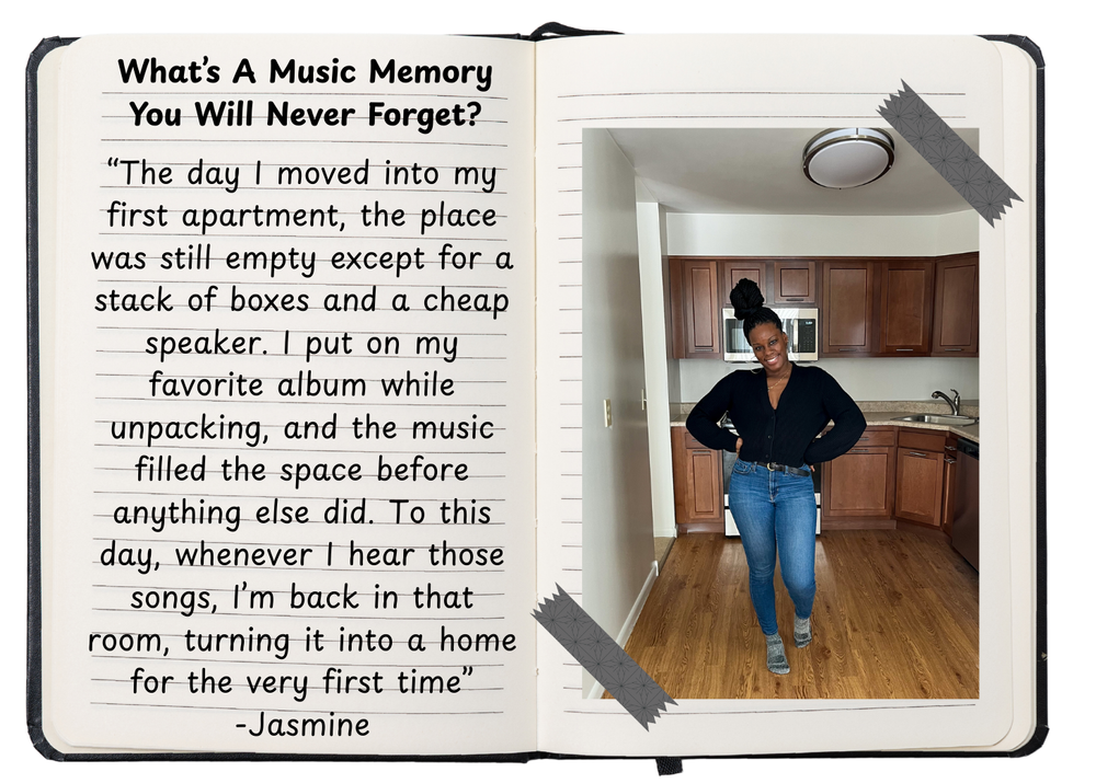 Open journal page with a music memory story next to a photo of someone in a new apartment
