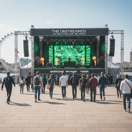 Crowd gathered around the Deep Listening Library at the festival