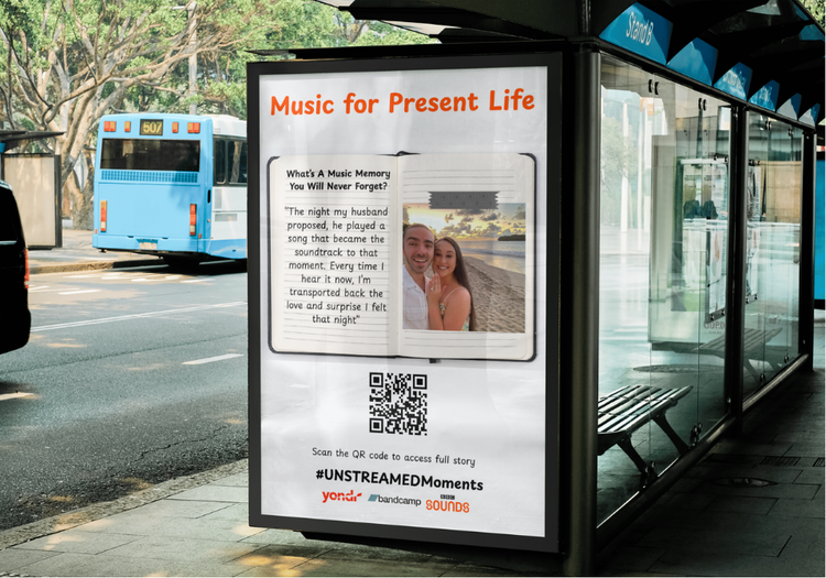 Bus stop advert reading 'Music for Present Life' with a submitted music memory story and QR code