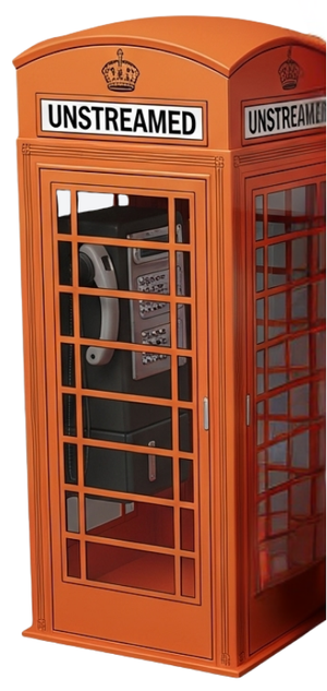 Orange refurbished phone booth on a London street reading UNSTREAMED