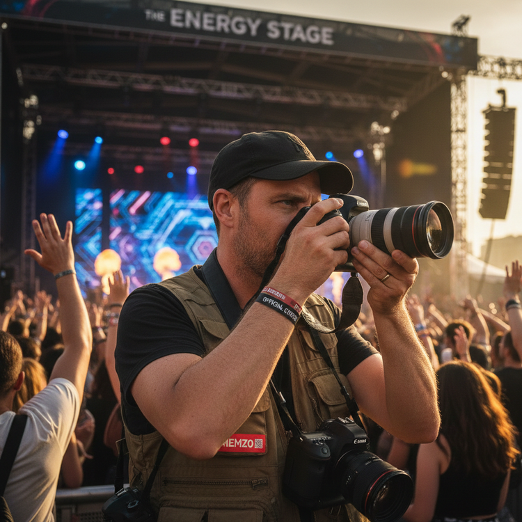 Festival photographer capturing the crowd from within the barrier