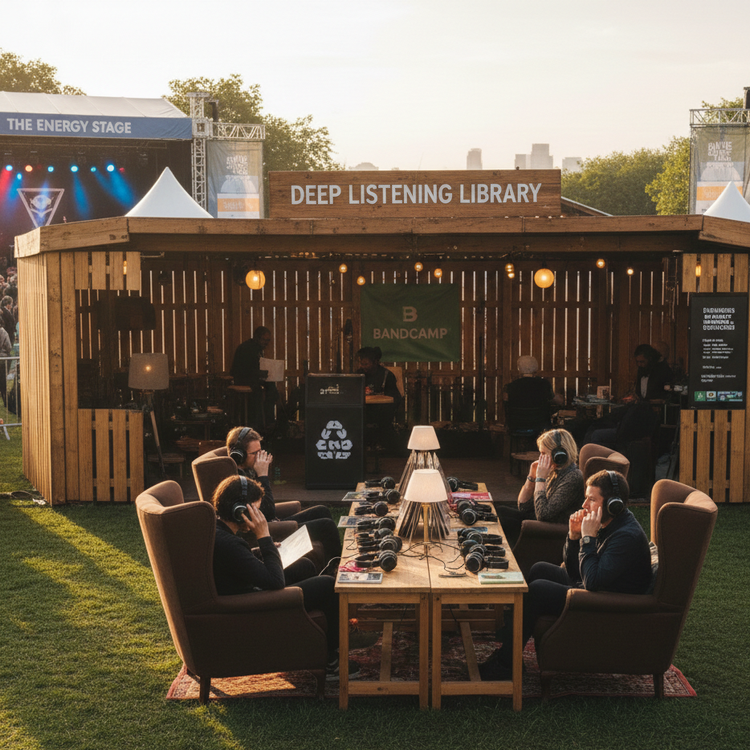 The Storytelling Stage lit up at dusk with performers on stage