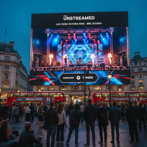 Large public screen in a London square broadcasting the Unstreamed festival live from Victoria Park